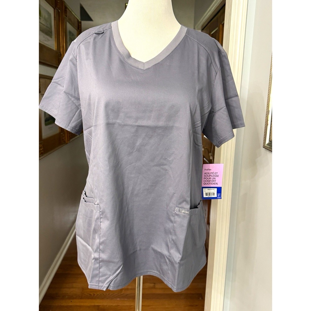 Landau ProFlex Women's V-Neck 3-Pocket Stretch Scrub Top Steel Gray XXL LT105
